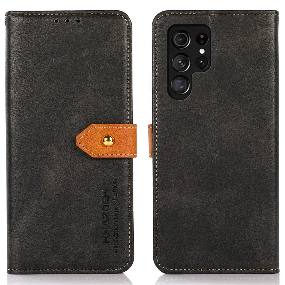 KHAZNEH For Samsung Galaxy S24 Ultra Case Stand Wallet Cowhide Texture PU Leather Smartphone Cover - Black - 1
