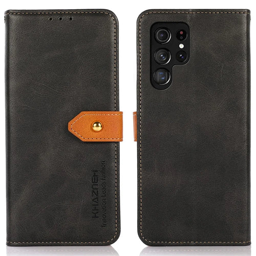 KHAZNEH For Samsung Galaxy S24 Ultra Case Stand Wallet Cowhide Texture PU Leather Smartphone Cover - Black - 1