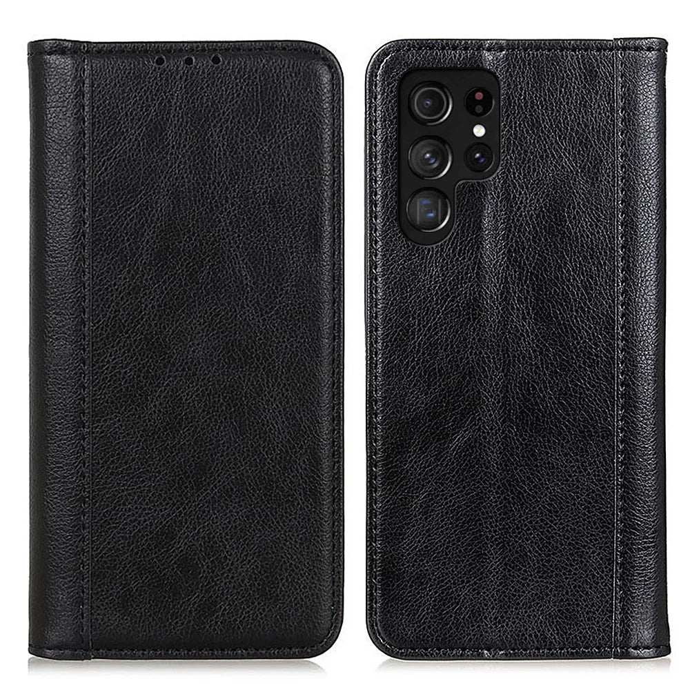 For Samsung Galaxy S24 Ultra Case Litchi Texture Split Leather Wallet Stand Phone Shell - Black - 1