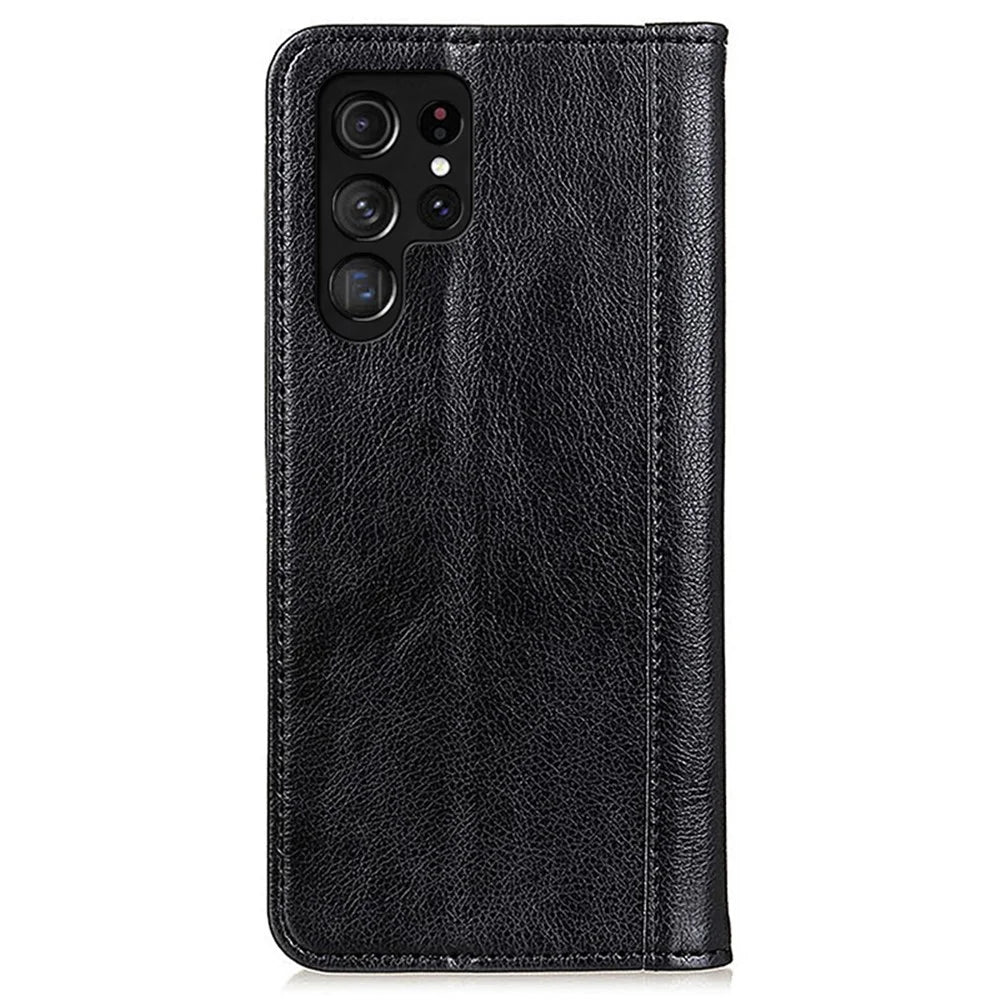 For Samsung Galaxy S24 Ultra Case Litchi Texture Split Leather Wallet Stand Phone Shell - Black - 7
