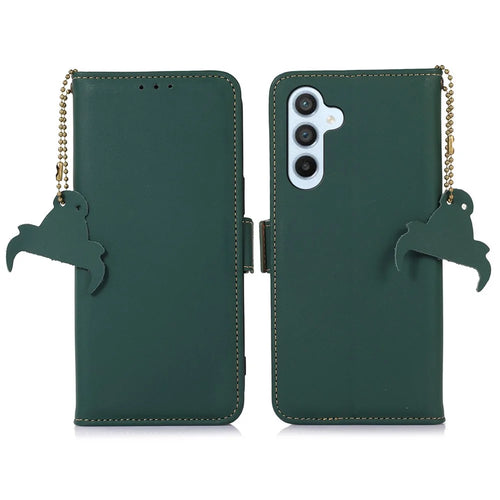 For Samsung Galaxy S25+ / S24+ Case RFID Blocking Phone Stand Cover Genuine Cow Leather Wallet - Green - 1