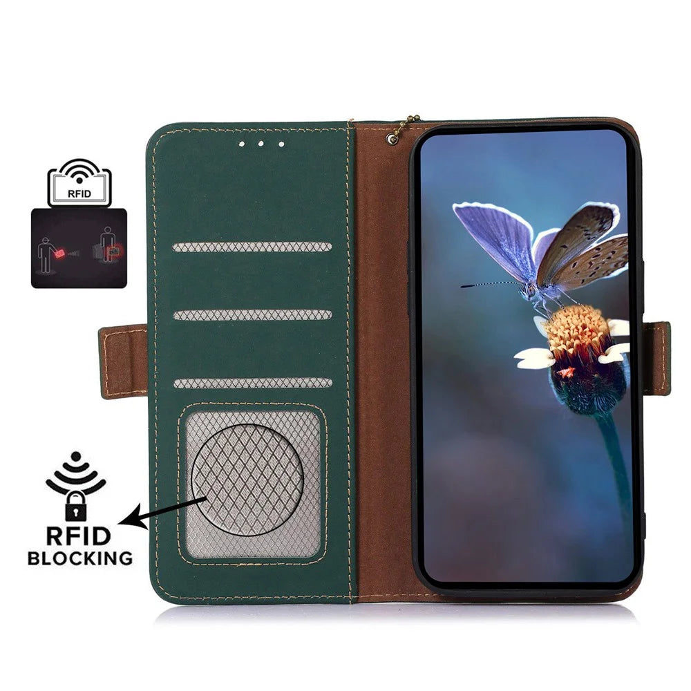 For Samsung Galaxy S25+ / S24+ Case RFID Blocking Phone Stand Cover Genuine Cow Leather Wallet - Green - 2