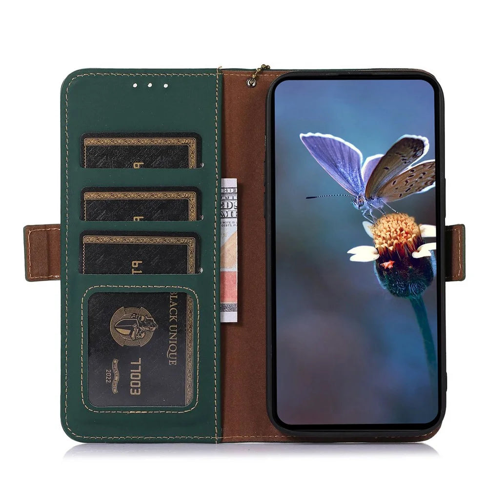 For Samsung Galaxy S25+ / S24+ Case RFID Blocking Phone Stand Cover Genuine Cow Leather Wallet - Green - 3