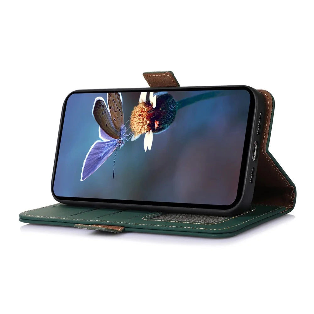 For Samsung Galaxy S25+ / S24+ Case RFID Blocking Phone Stand Cover Genuine Cow Leather Wallet - Green - 4