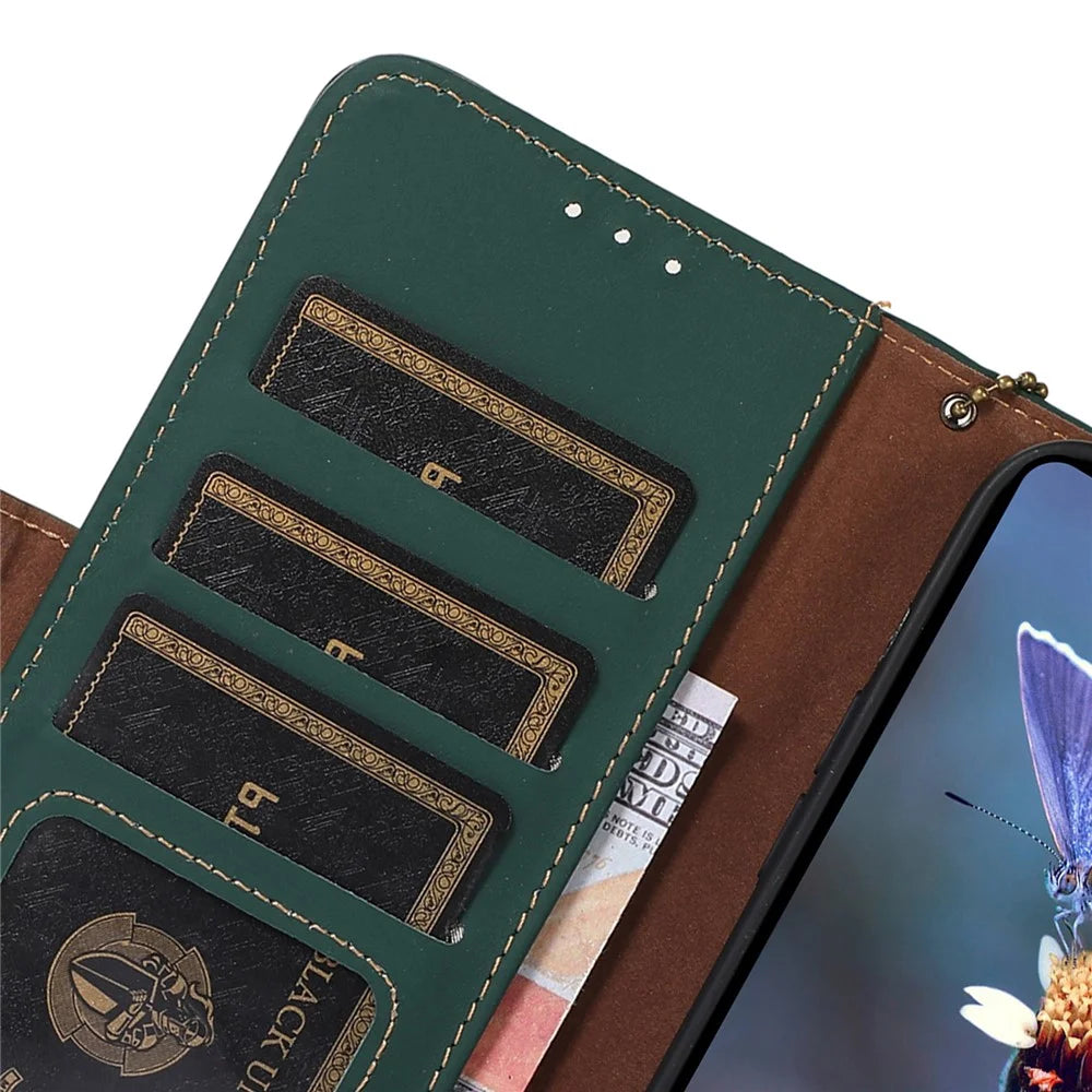 For Samsung Galaxy S25+ / S24+ Case RFID Blocking Phone Stand Cover Genuine Cow Leather Wallet - Green - 5