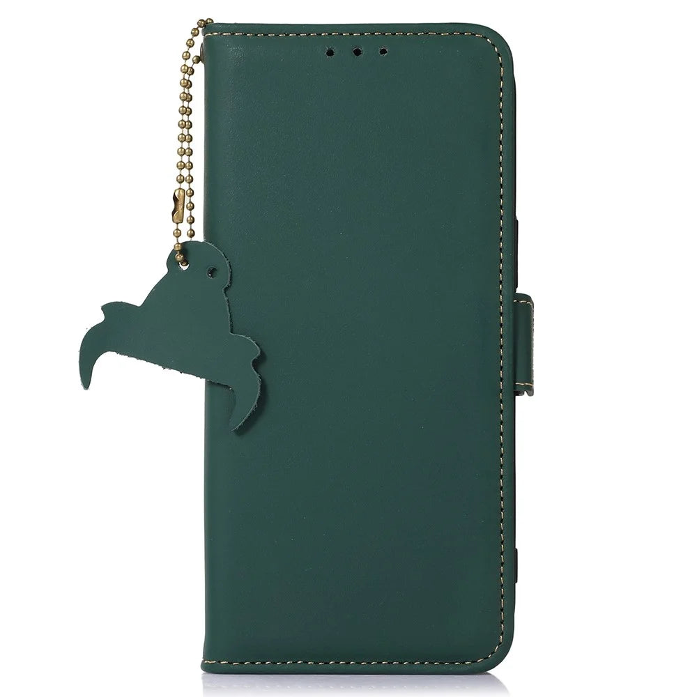 For Samsung Galaxy S25+ / S24+ Case RFID Blocking Phone Stand Cover Genuine Cow Leather Wallet - Green - 6