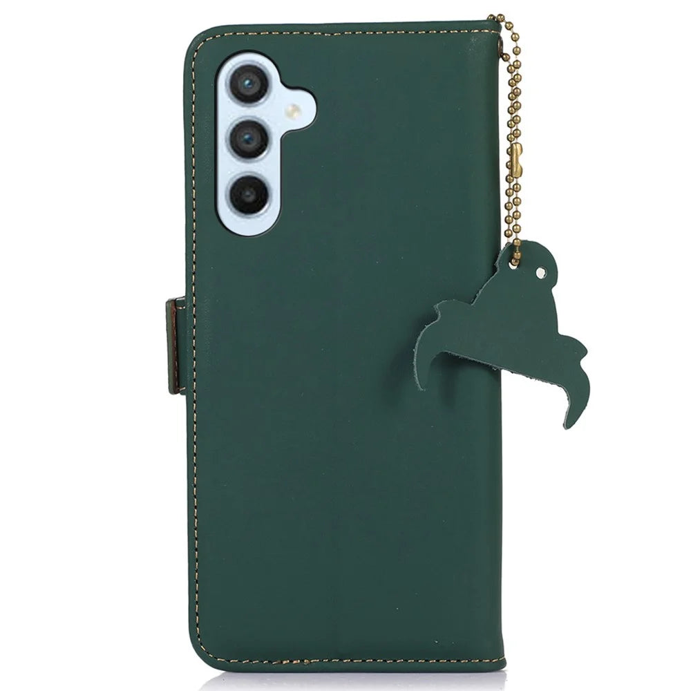 For Samsung Galaxy S25+ / S24+ Case RFID Blocking Phone Stand Cover Genuine Cow Leather Wallet - Green - 7