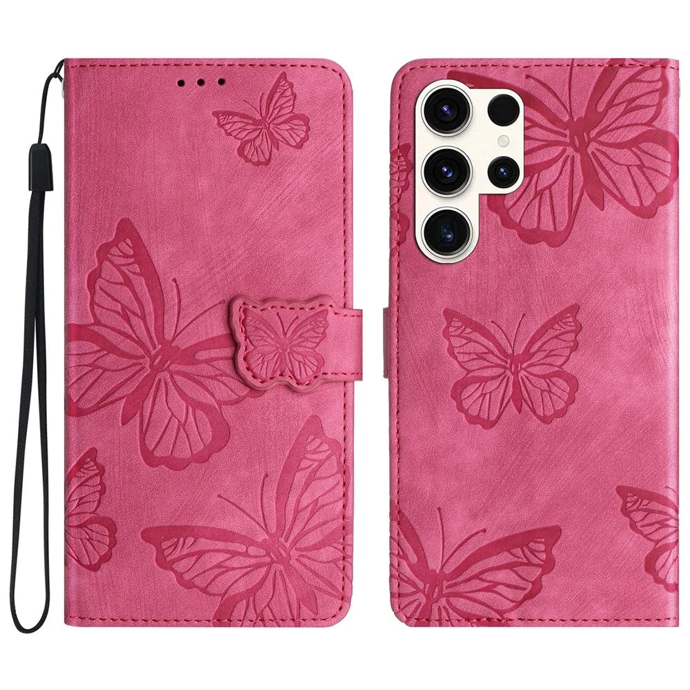 For Samsung Galaxy S24 Ultra Case Butterfly Imprinted PU Leather Wallet Phone Cover with Strap - Rose - 1