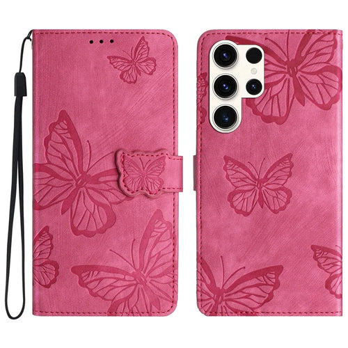 For Samsung Galaxy S24 Ultra Case Butterfly Imprinted PU Leather Wallet Phone Cover with Strap - Rose - 1