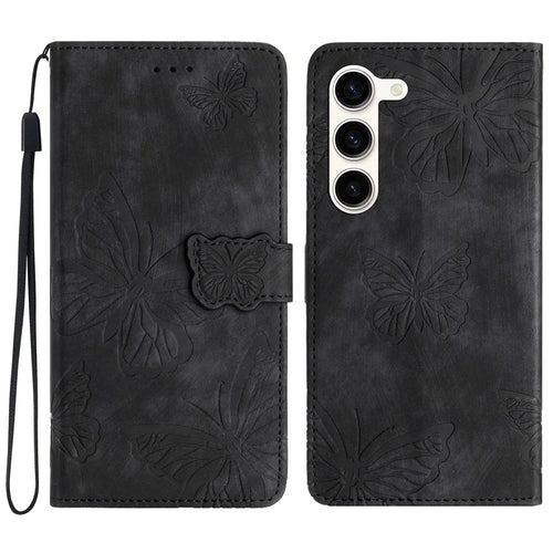 For Samsung Galaxy S24 Case Butterfly Imprinted Skin-Touch PU Leather Phone Cover with Strap - Black - 1
