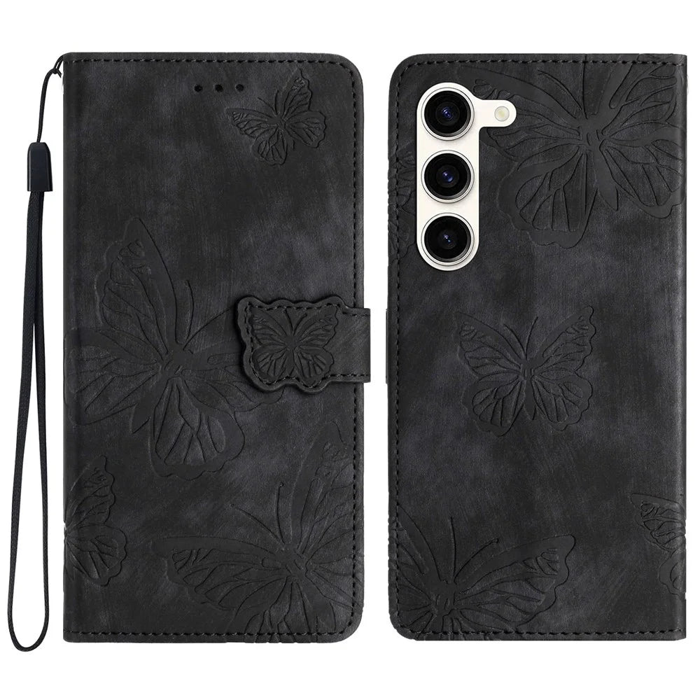 For Samsung Galaxy S24 Case Butterfly Imprinted Skin-Touch PU Leather Phone Cover with Strap - Black - 1