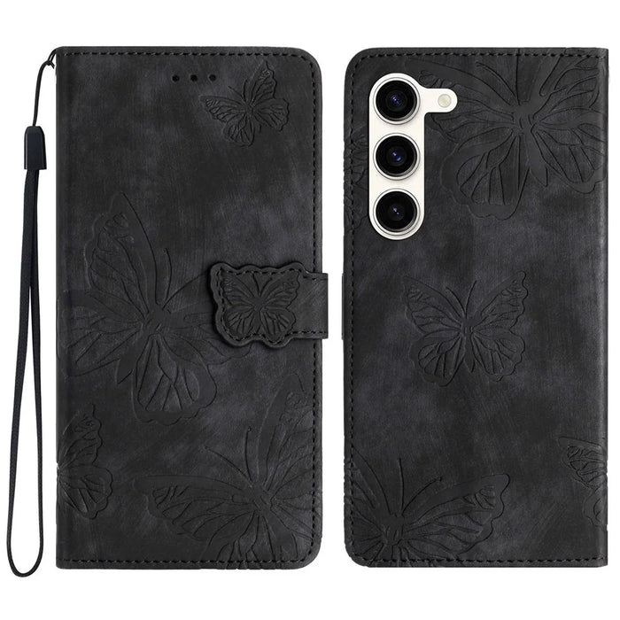 For Samsung Galaxy S24 Case Butterfly Imprinted Skin-Touch PU Leather Phone Cover with Strap - Black - 1