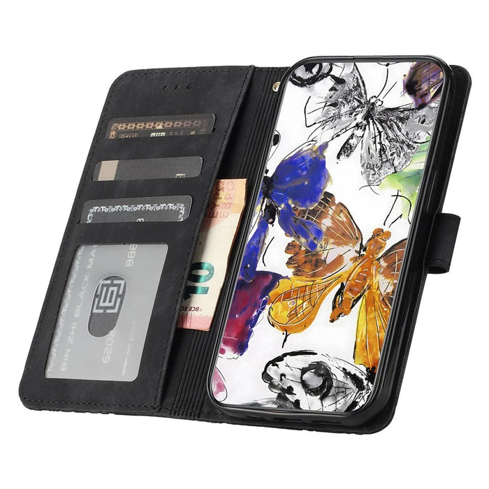 For Samsung Galaxy S24 Case Butterfly Imprinted Skin-Touch PU Leather Phone Cover with Strap - Black - 2