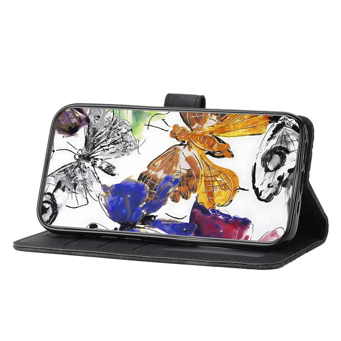 For Samsung Galaxy S24 Case Butterfly Imprinted Skin-Touch PU Leather Phone Cover with Strap - Black - 3