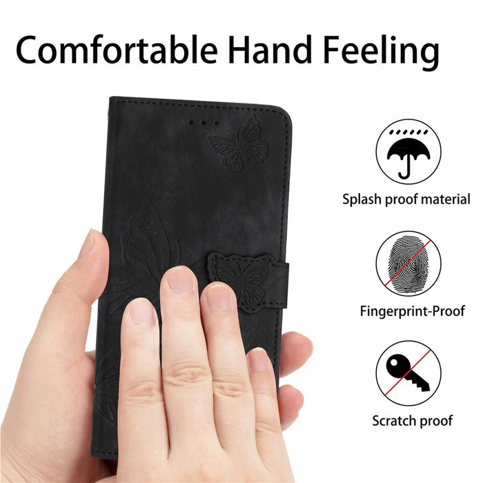 For Samsung Galaxy S24 Case Butterfly Imprinted Skin-Touch PU Leather Phone Cover with Strap - Black - 4