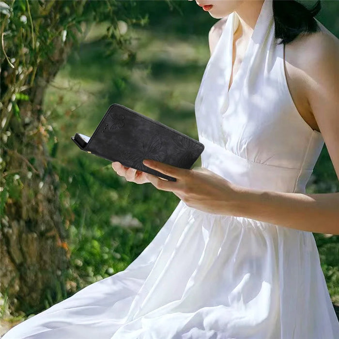 For Samsung Galaxy S24 Case Butterfly Imprinted Skin-Touch PU Leather Phone Cover with Strap - Black - 6