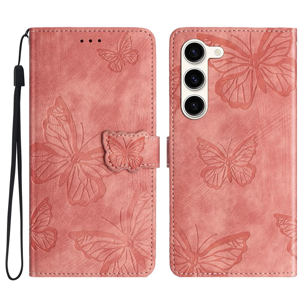 For Samsung Galaxy S24+ Case Butterfly Imprinted PU Leather Phone Stand Cover with Strap - Pink - 1