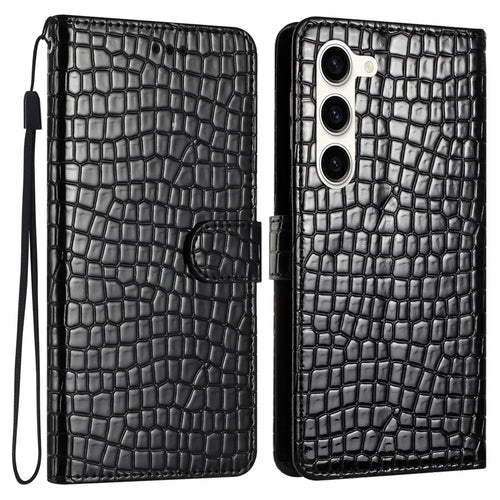 For Samsung Galaxy S24 Case Crocodile Texture Phone Leather Cover with Strap - Black - 1