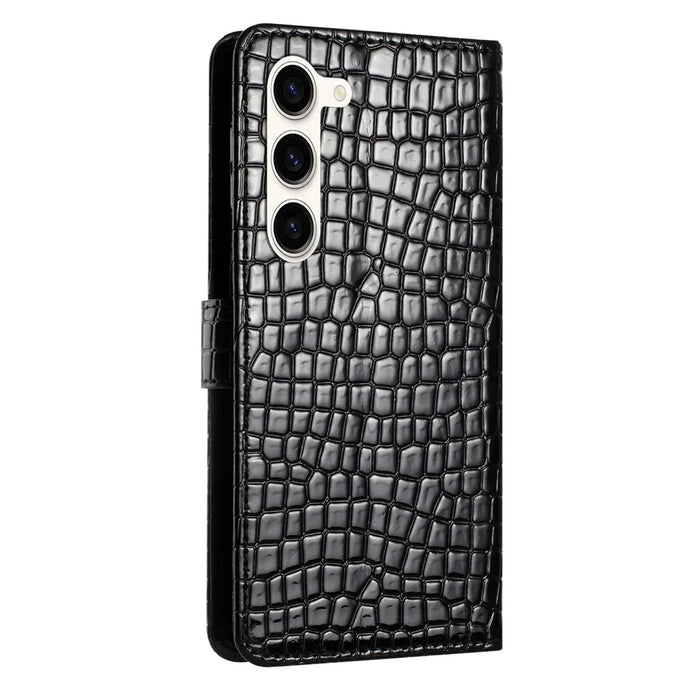 For Samsung Galaxy S24 Case Crocodile Texture Phone Leather Cover with Strap - Black - 7