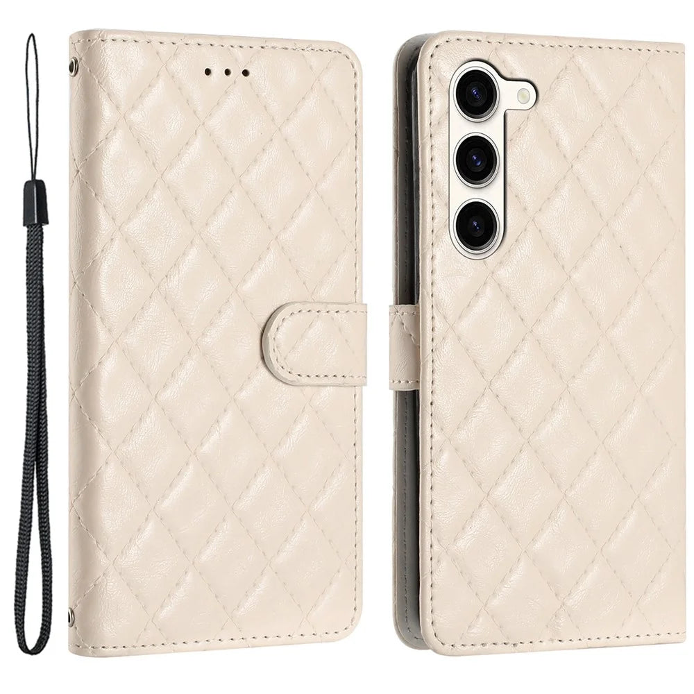 For Samsung Galaxy S24 Case Rhombus Stitching Line Phone Leather Cover with Stand - Beige - 1