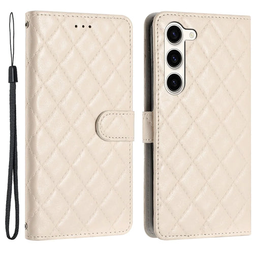 For Samsung Galaxy S24 Case Rhombus Stitching Line Phone Leather Cover with Stand - Beige - 1