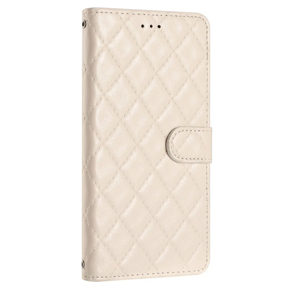 For Samsung Galaxy S24 Case Rhombus Stitching Line Phone Leather Cover with Stand - Beige - 6