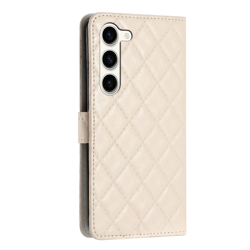 For Samsung Galaxy S24 Case Rhombus Stitching Line Phone Leather Cover with Stand - Beige - 7