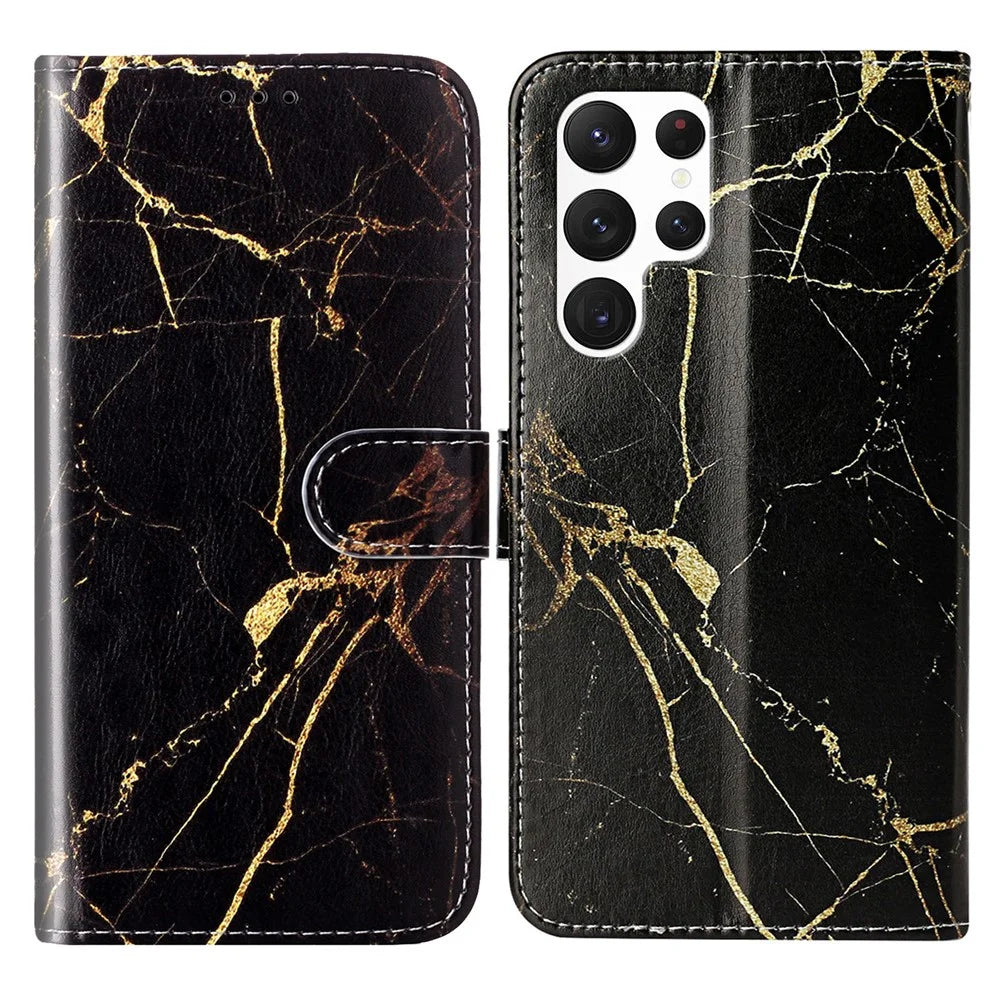 For Samsung Galaxy S24 Ultra Case Pattern Printing Leather Phone Protective Cover - Black Gold Marble - 1