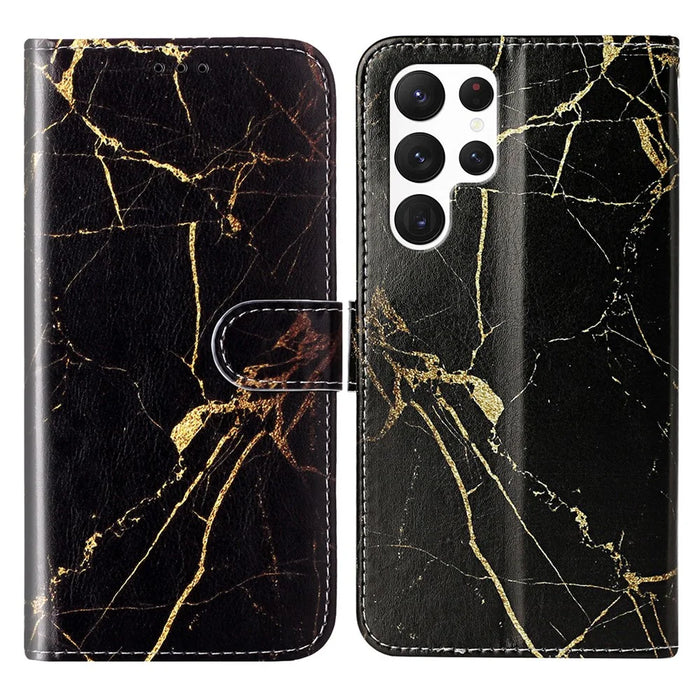 For Samsung Galaxy S24 Ultra Case Pattern Printing Leather Phone Protective Cover - Black Gold Marble - 1