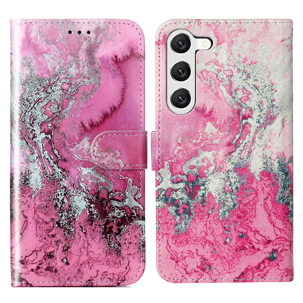 For Samsung Galaxy S24 Case Marble Pattern Leather Phone Wallet Stand Cover - Pink Sea Water - 1