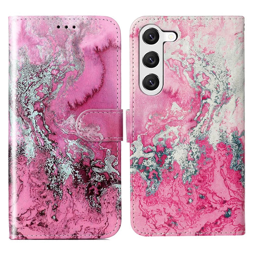 For Samsung Galaxy S24 Case Marble Pattern Leather Phone Wallet Stand Cover - Pink Sea Water - 1