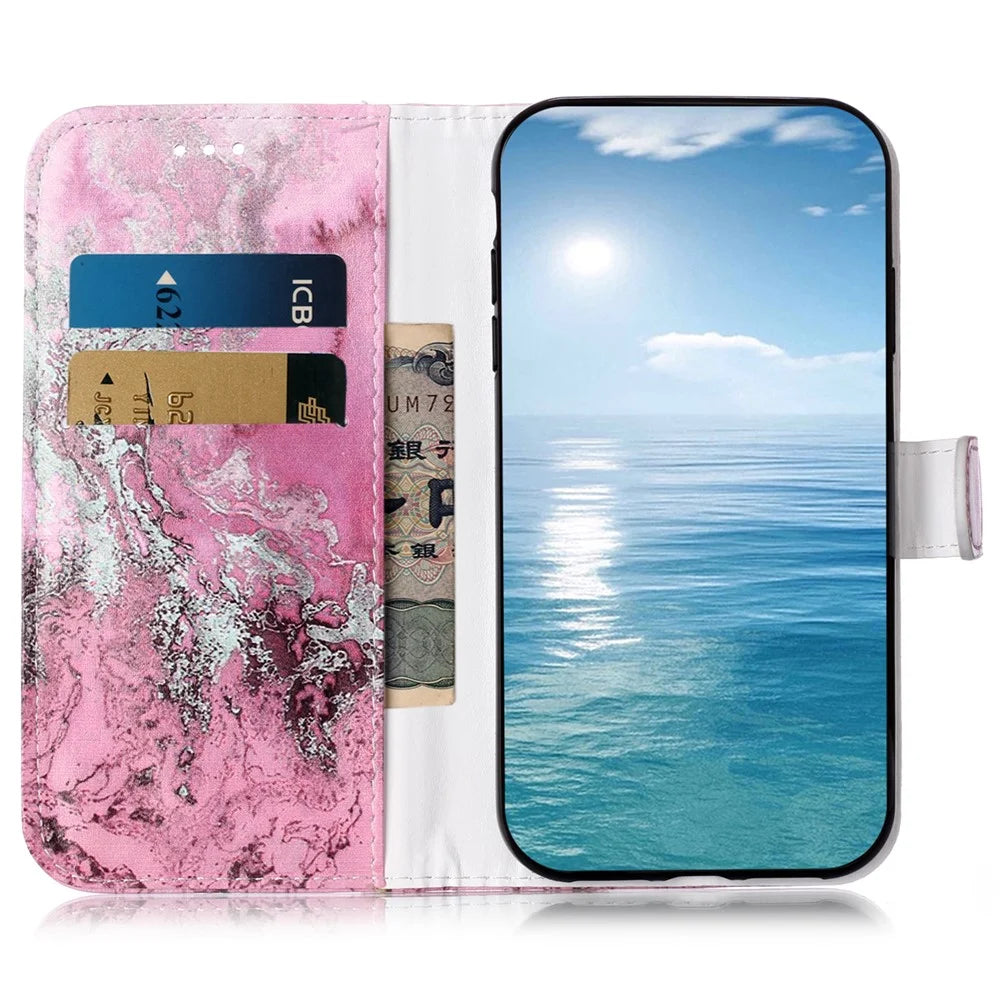For Samsung Galaxy S24 Case Marble Pattern Leather Phone Wallet Stand Cover - Pink Sea Water - 2