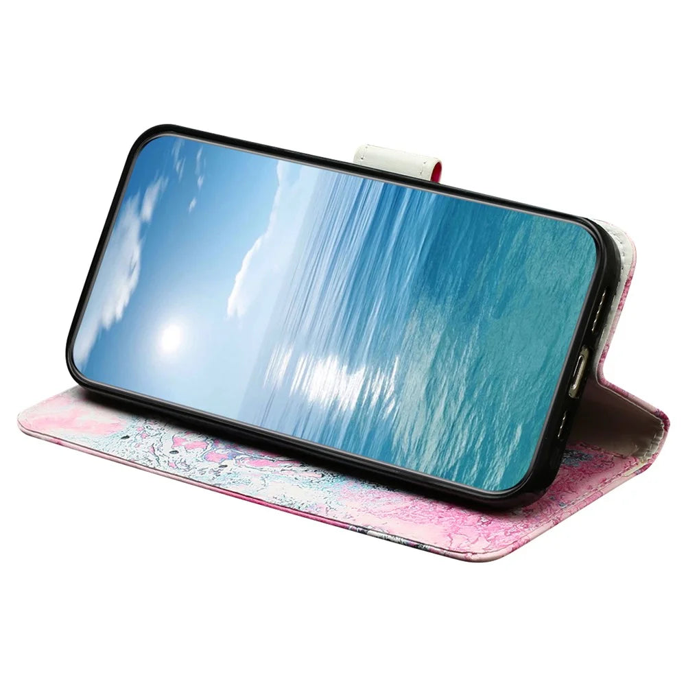 For Samsung Galaxy S24 Case Marble Pattern Leather Phone Wallet Stand Cover - Pink Sea Water - 3