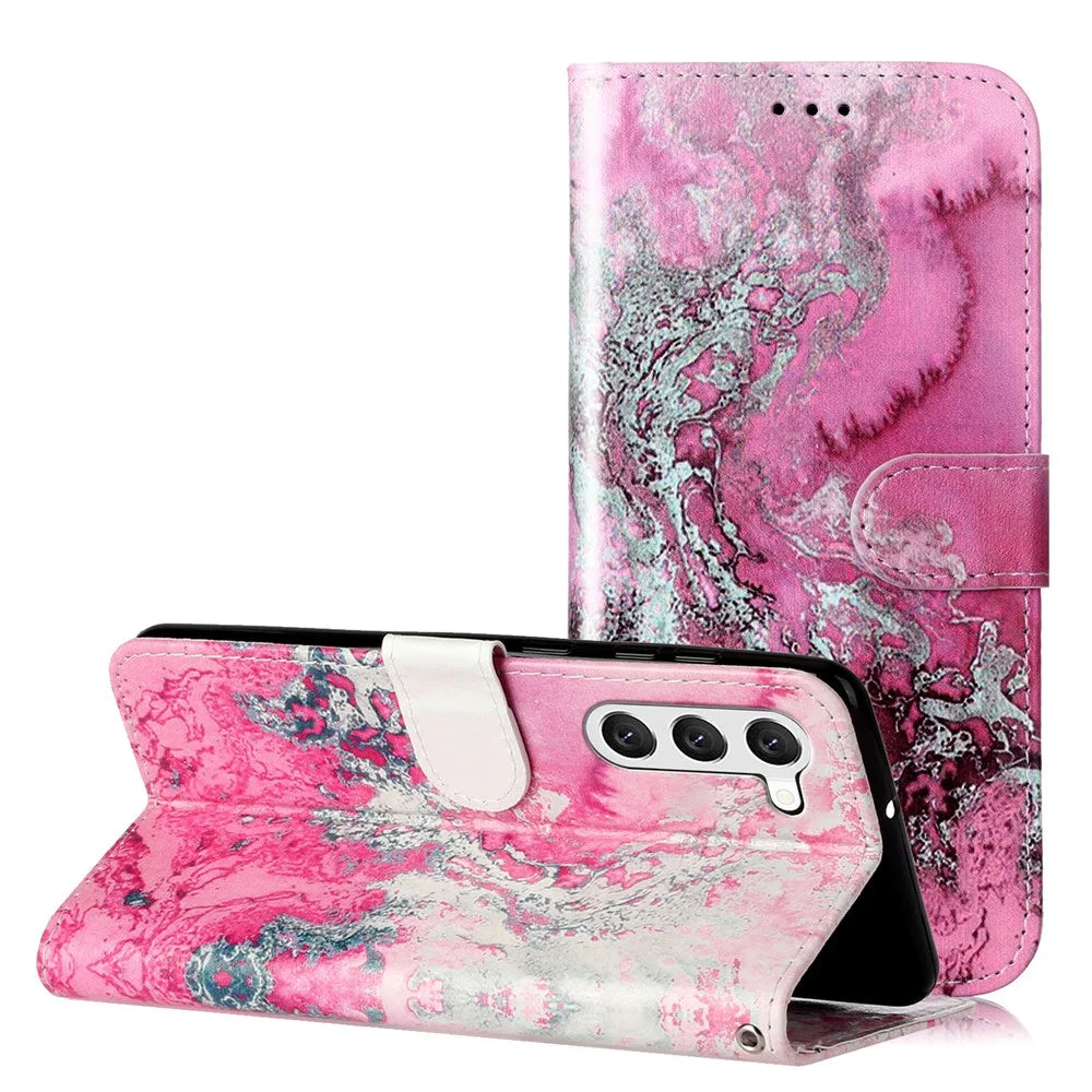 For Samsung Galaxy S24 Case Marble Pattern Leather Phone Wallet Stand Cover - Pink Sea Water - 4