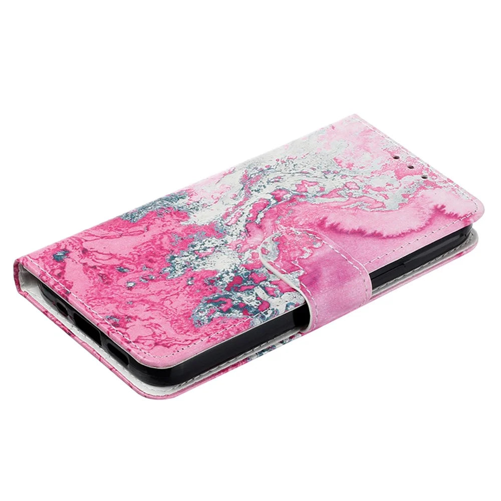 For Samsung Galaxy S24 Case Marble Pattern Leather Phone Wallet Stand Cover - Pink Sea Water - 5