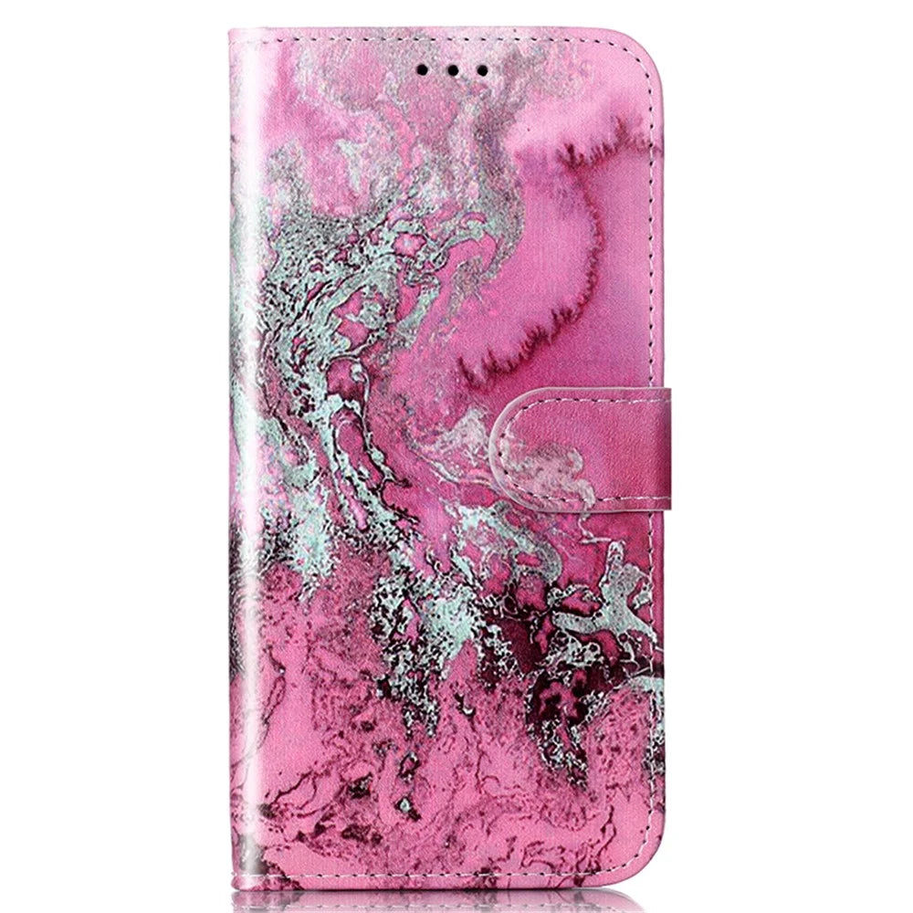 For Samsung Galaxy S24 Case Marble Pattern Leather Phone Wallet Stand Cover - Pink Sea Water - 6