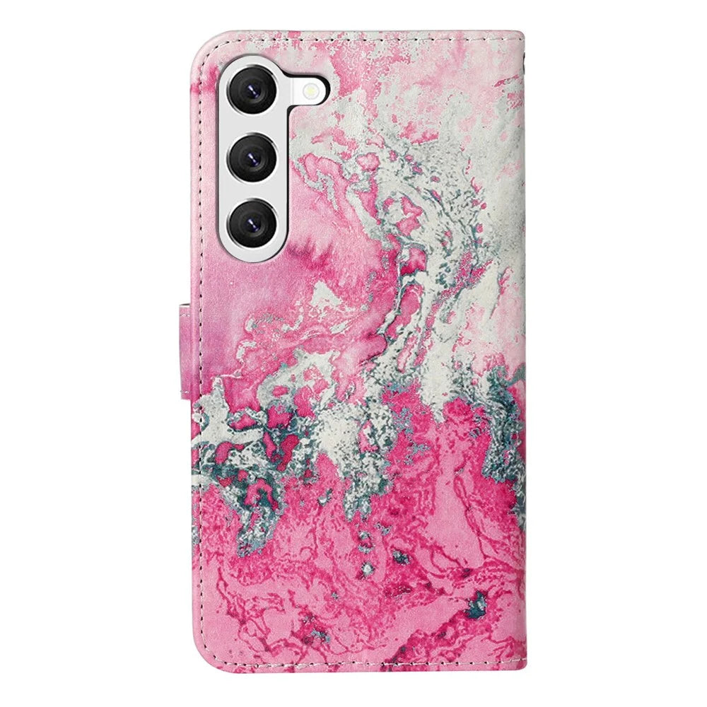 For Samsung Galaxy S24 Case Marble Pattern Leather Phone Wallet Stand Cover - Pink Sea Water - 7