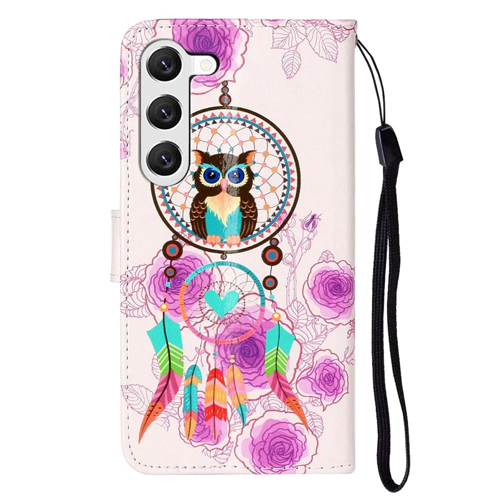 For Samsung Galaxy S24+ Case Pattern Printing Folding Stand PU Leather Phone Cover - Wind Chime Owl - 6
