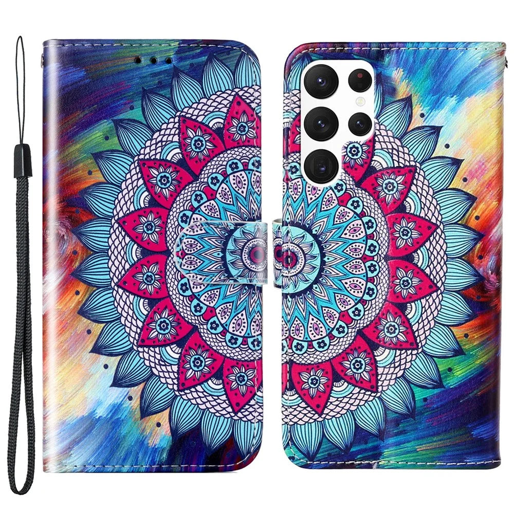 For Samsung Galaxy S24 Ultra Cover Flip Stand Stylish Pattern Leather Wallet Phone Case - Mandala Flower - 1