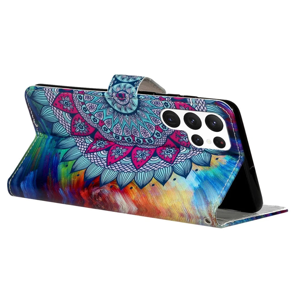 For Samsung Galaxy S24 Ultra Cover Flip Stand Stylish Pattern Leather Wallet Phone Case - Mandala Flower - 3