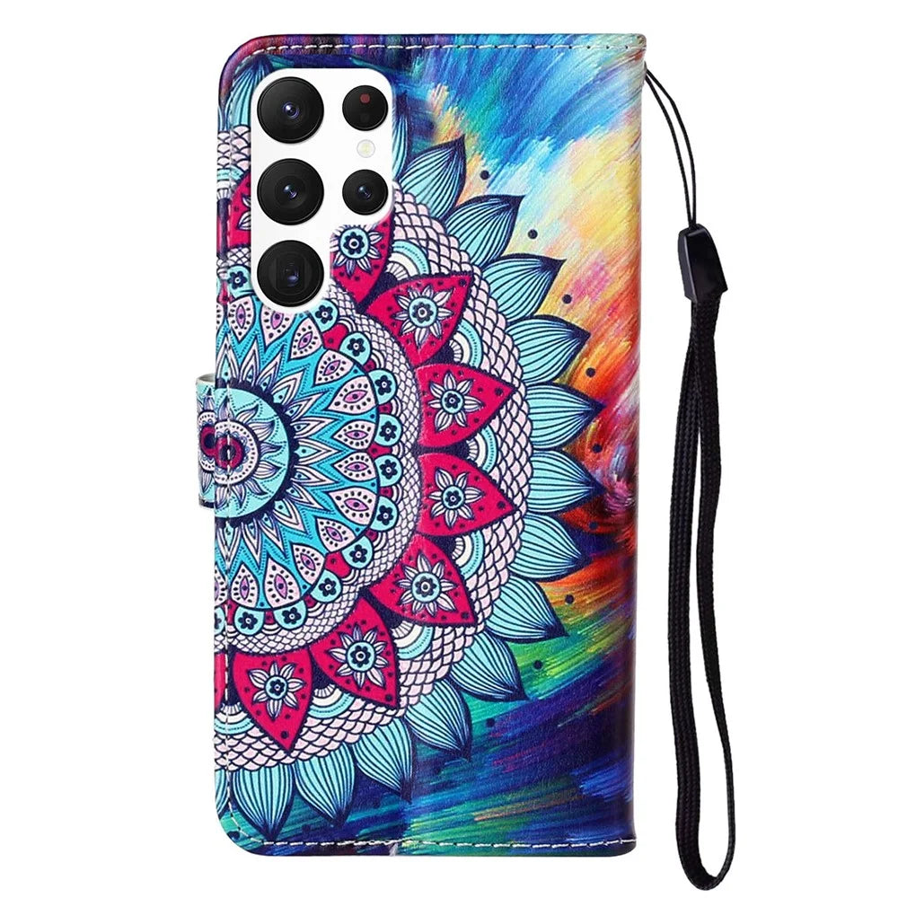 For Samsung Galaxy S24 Ultra Cover Flip Stand Stylish Pattern Leather Wallet Phone Case - Mandala Flower - 6