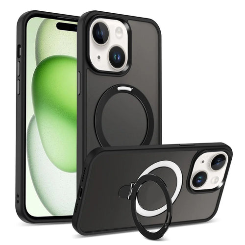 For iPhone 15 Plus Case Compatible with MagSafe PC+TPU Ring Kickstand Phone Cover - Black - 1