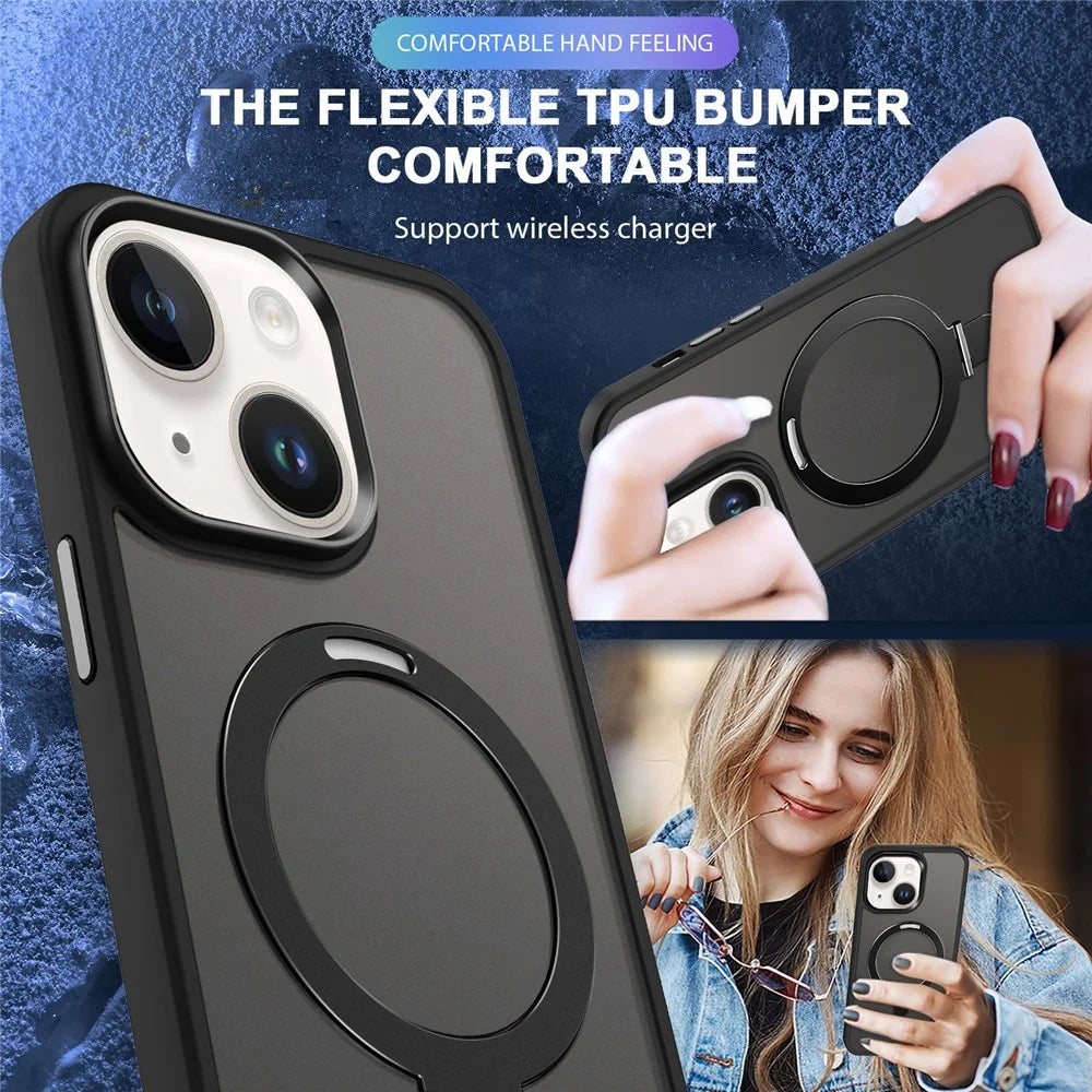 For iPhone 15 Plus Case Compatible with MagSafe PC+TPU Ring Kickstand Phone Cover - Black - 6