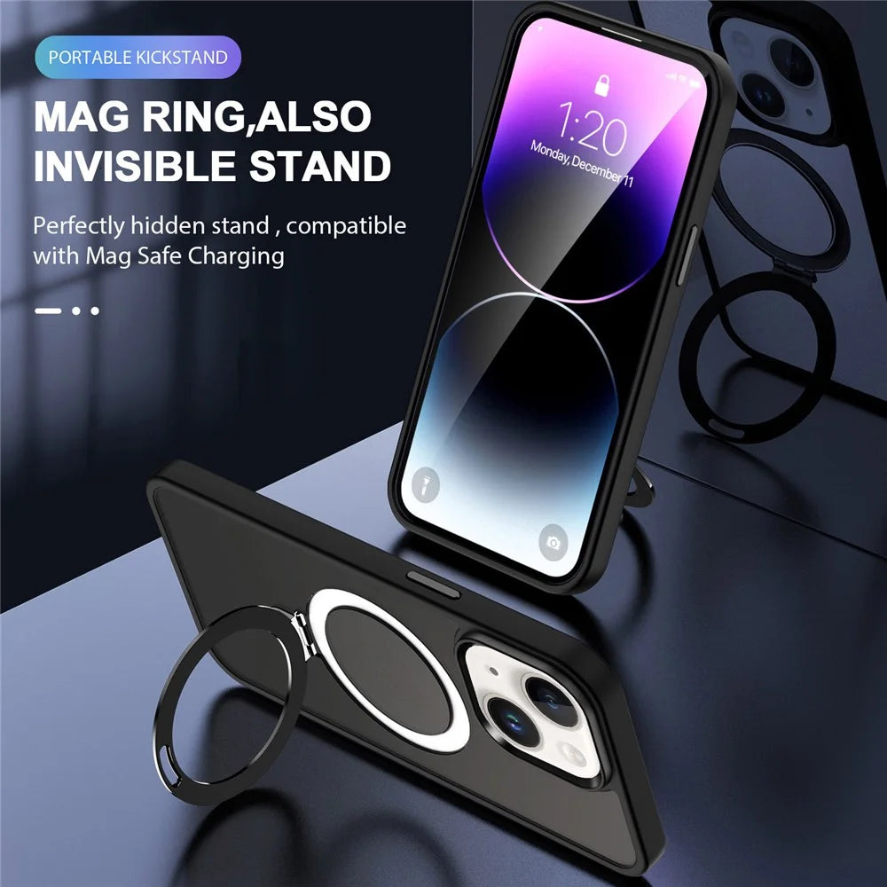 For iPhone 15 Case PC+TPU Shell Magnetic Phone Cover with Ring Kickstand - Black - 4