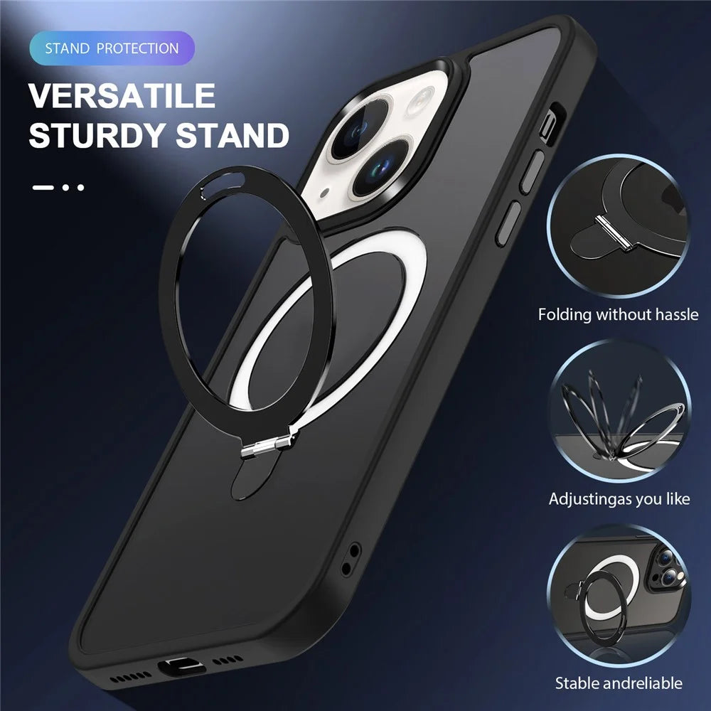 For iPhone 15 Case PC+TPU Shell Magnetic Phone Cover with Ring Kickstand - Black - 5