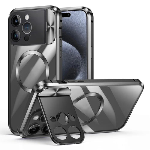 For iPhone 15 Pro Max Phone Case Compatible with MagSafe Tempered Glass+Aluminum Alloy+PC Cover - Black - 1