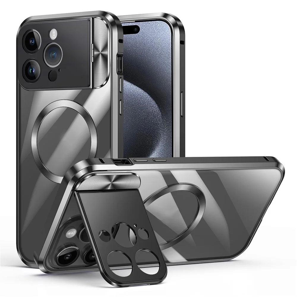 For iPhone 15 Pro Max Phone Case Compatible with MagSafe Tempered Glass+Aluminum Alloy+PC Cover - Black - 1