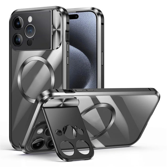 For iPhone 15 Pro Max Phone Case Compatible with MagSafe Tempered Glass+Aluminum Alloy+PC Cover - Black - 1