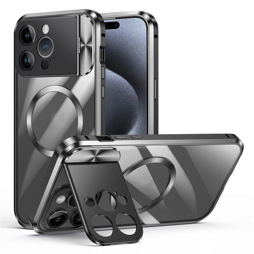 For iPhone 15 Pro Case Compatible with MagSafe Tempered Glass+Aluminum Alloy+PC Anti-drop Phone Cover - Black - 1