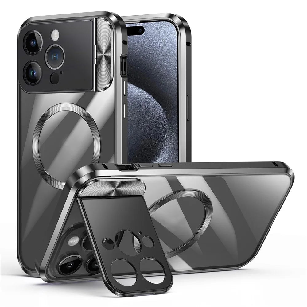 For iPhone 15 Pro Case Compatible with MagSafe Tempered Glass+Aluminum Alloy+PC Anti-drop Phone Cover - Black - 1